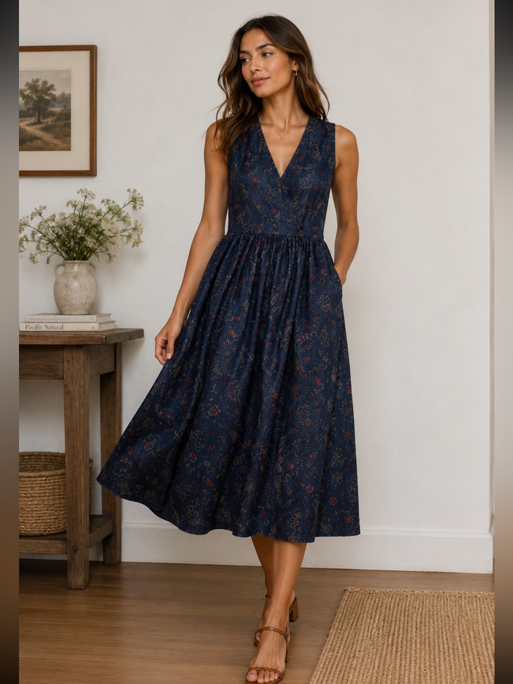 Vintage birch bros denim paisley vneck wrap dress M country, jumpers
